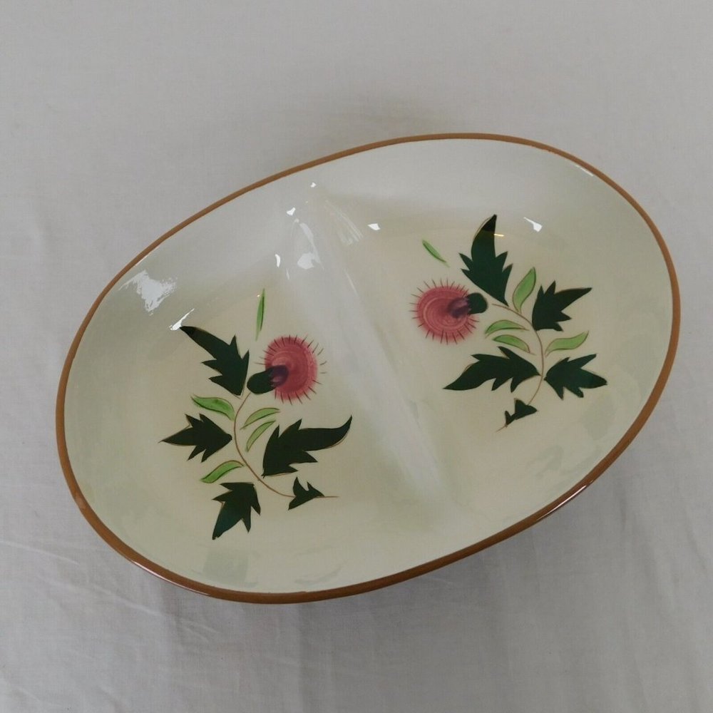 Stangl Pottery Thistle 10" Oval Divided Vegetable Bowl Pink Green Vintage FLAW